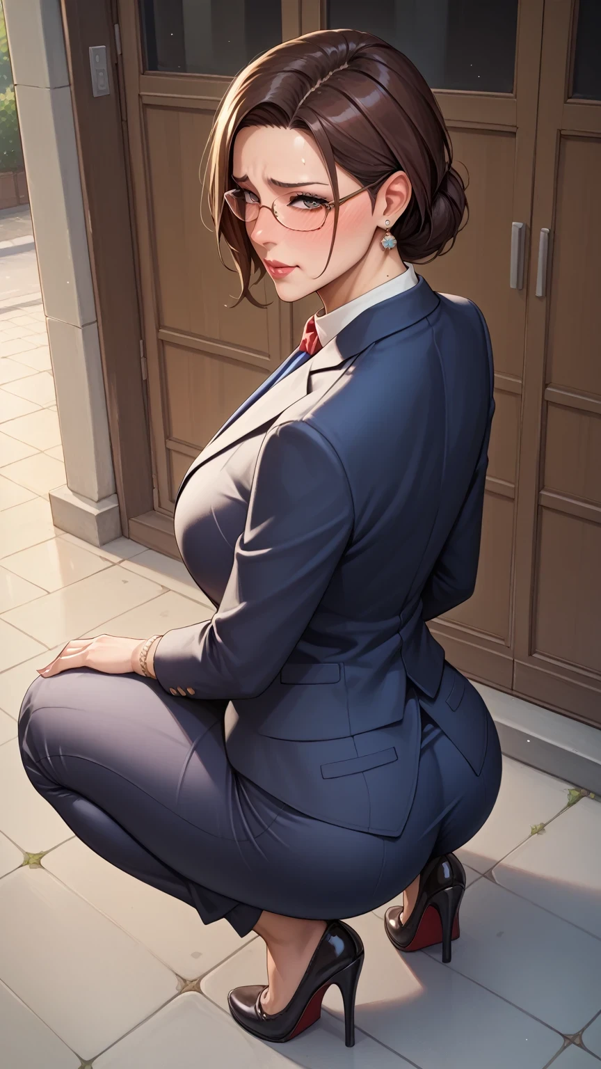 Score_9, Score_8_up, Score_7_up, Score_6_up, Score_5_up, Score_4_up, Source_anime, Tag1, Tag2, Best quality, High quality, Detailed, High resolution, 8k, Ultra high res, Soft saturation, Professional quality, Perfect contrast, Perfect litthing, Anatomically correct, Huge breasted, Wide hips, Gargantuan butt, Sensual woman, mature female, milf, motherly, Embarrassed, shy, seductive BREAK high-angle view, fully clothed, Squatting, leaning back