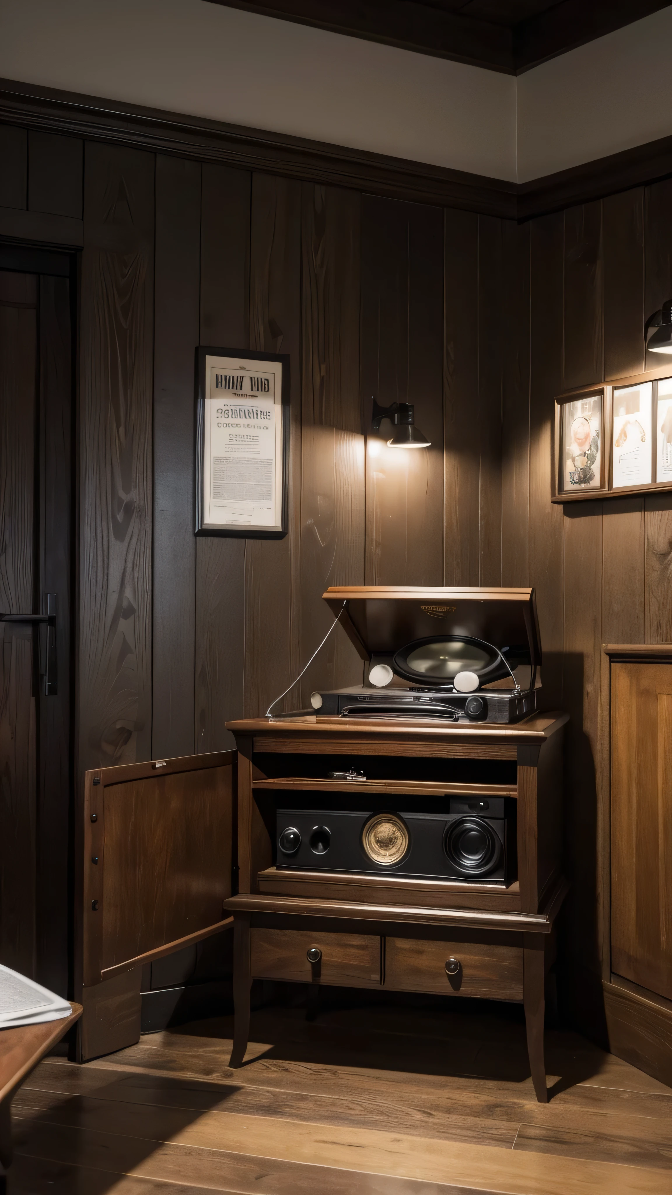 With high definition images，（ coffee shop ）A vintage record player that stands out in a corner 、Make customers feel comfortable with good sound quality 、 An antique record player that reminds you of the good old days