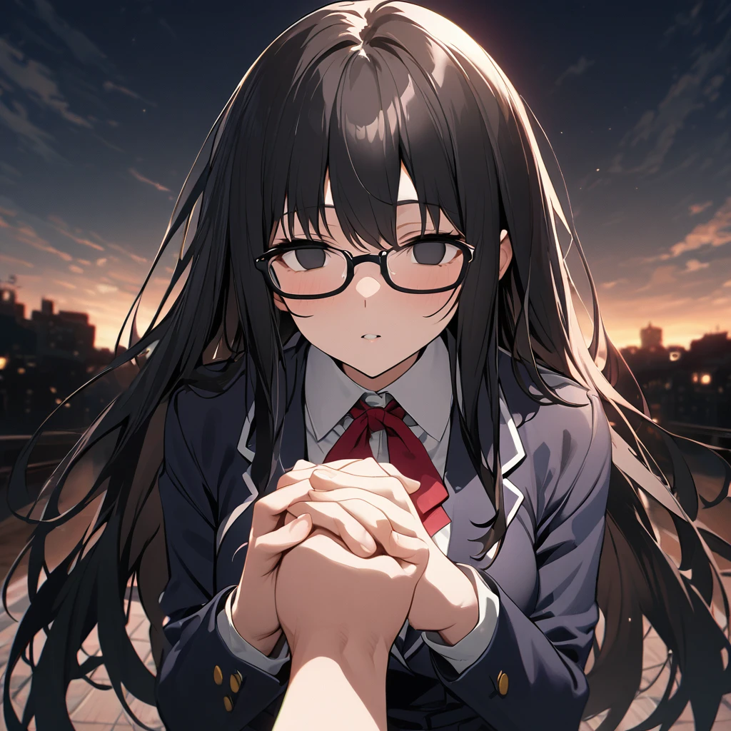 （masterpiece,  best quality:1.2)、((( Female College Student、 black hair、very long hair、Black Eyes、empty eyes、 slender、(((Glasses)))、黒いschool uniform, 黒のmiddle breast, blazer,  red ribbon、 skirt、)))（close mouth）、（no expression）、both hands、((((Put your hands out in front of you))))、 point of view