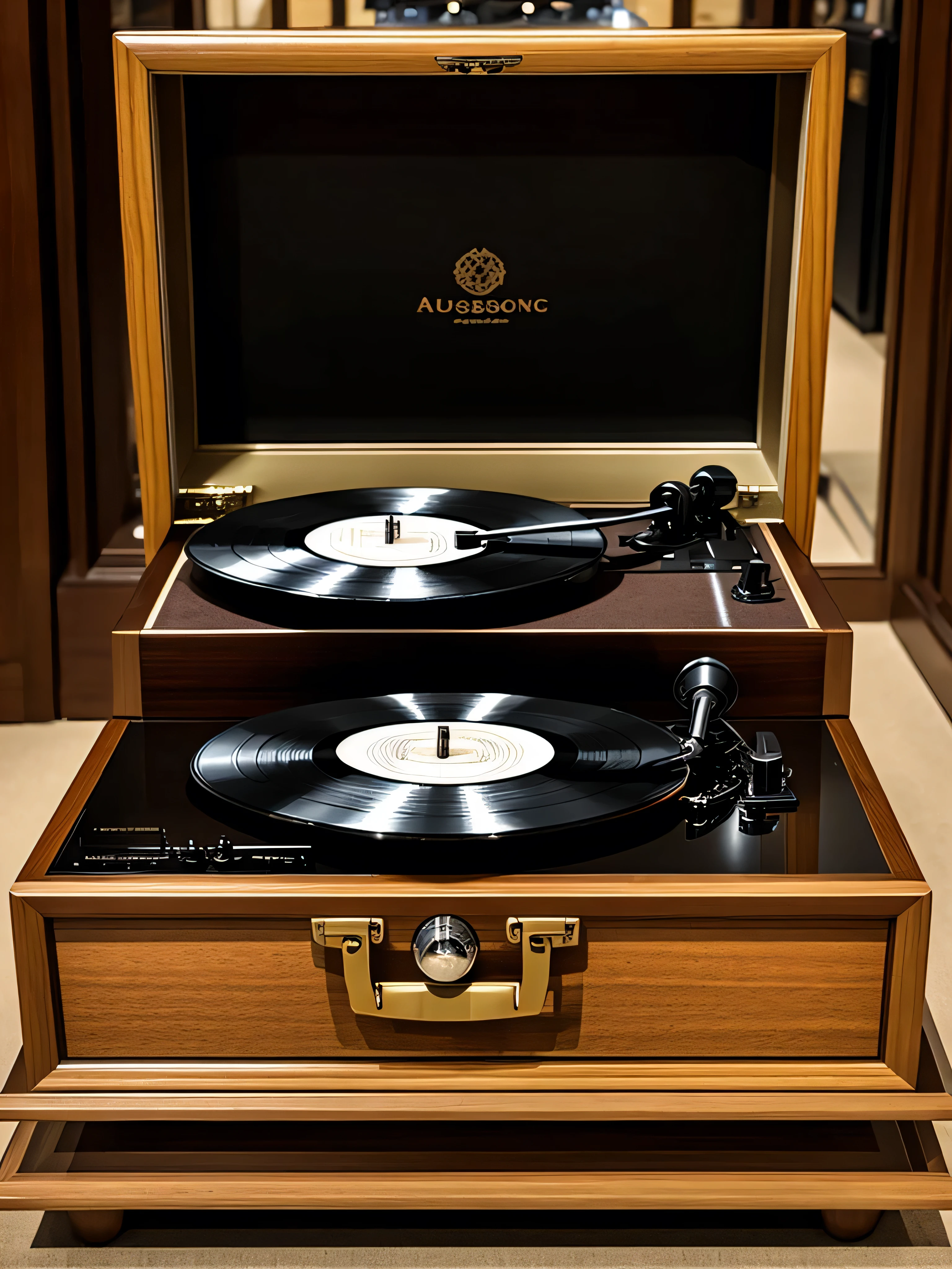 With high definition images， vintage record player displayed at the Louvre、A masterpiece that reminds me of the good old days in a glass case 。