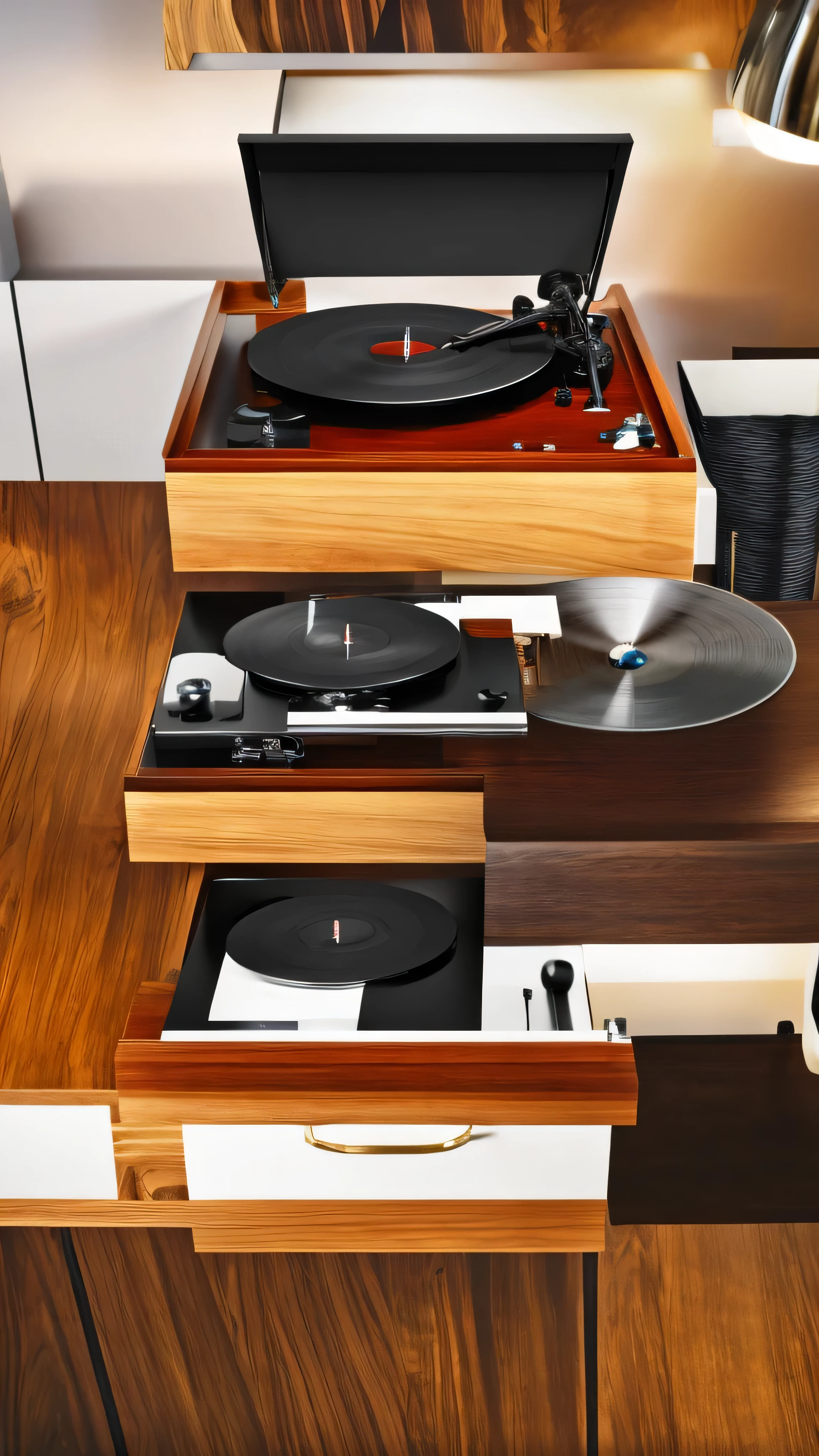 With high definition images，（ coffee shop ）A vintage record player that stands out in a corner 、Make customers feel comfortable with good sound quality 、 An antique record player that reminds you of the good old days