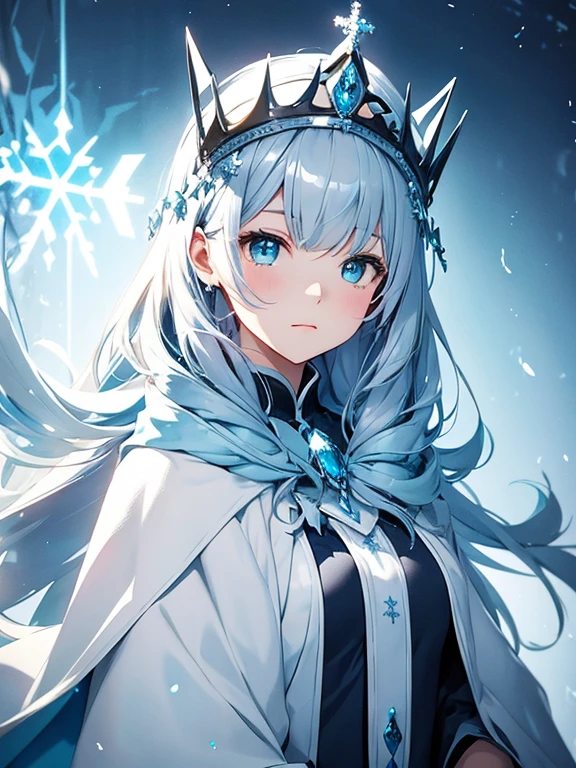    Thin Soft Painting Style、Alone,１  girl, crowns、  crownss、 blue and white snowflake pattern cloak 、Grey Hair、Aquamarine Eyes、 queen ,cute, great background 