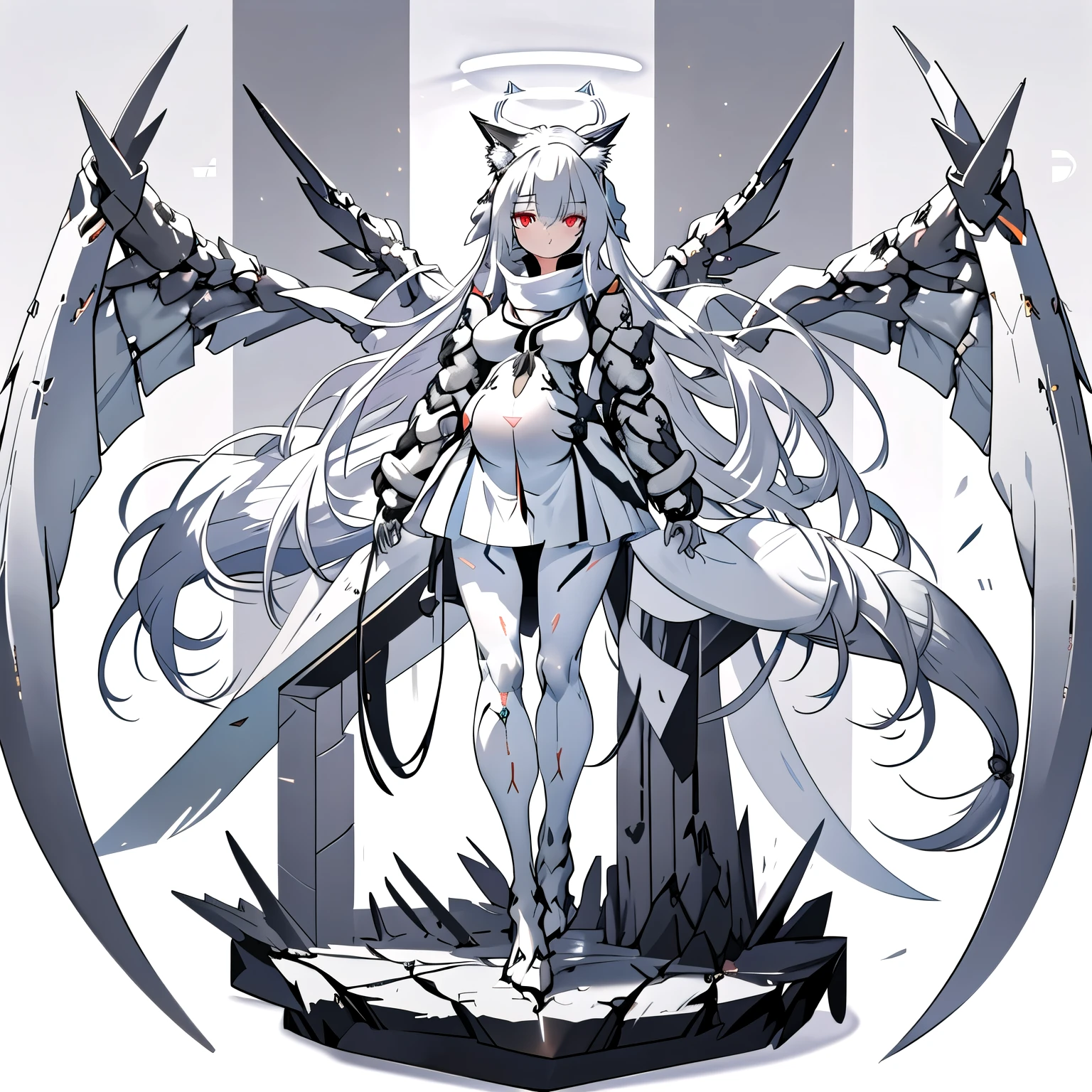 masterpiece,  best quality,  highest resolution, Clear_image,  Detailed Details , Gray Hair, Long Hair, cat ears,  1 girl, red eyes, White Pantyhose, sci-fi military clothing,  white scarf  ( white scarf  around the neckwith a light blue glow),  gray futuristic halo ( gray ring above head ), White Wings (Four Wings), cute, whole body,  No Water Marks , Space Pregnant Woman Ringetsu 