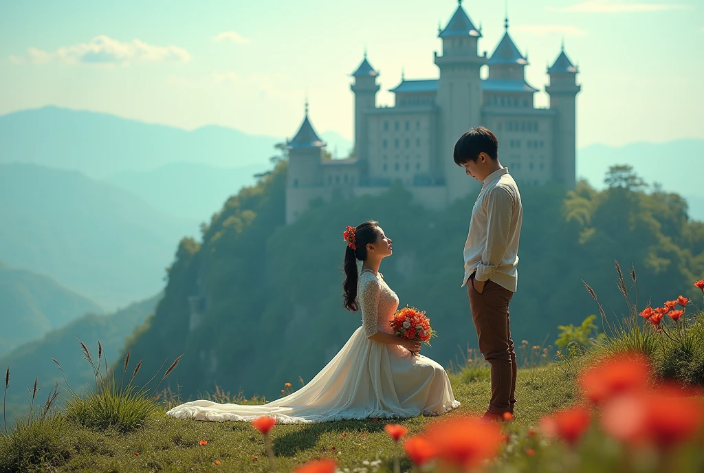 couple, blue castle, aster purple flower