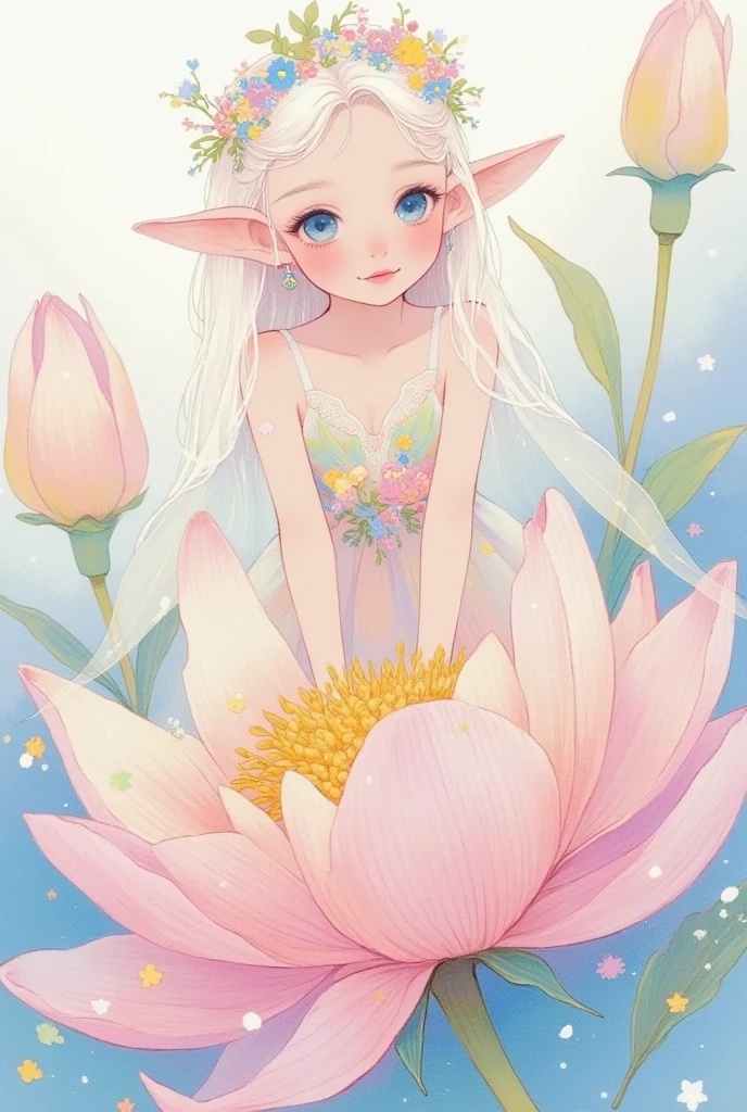 Color Sketch，Close-up of a beautiful butterfly elf on a peony flower，crown