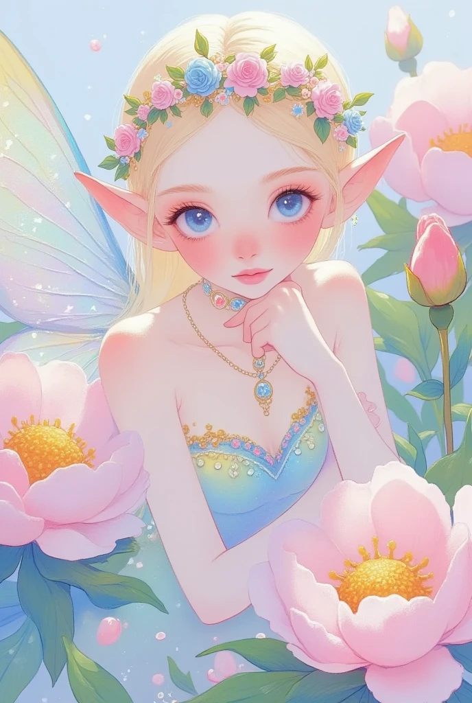 Color Sketch，Close-up of a beautiful butterfly elf living in peonies，crown