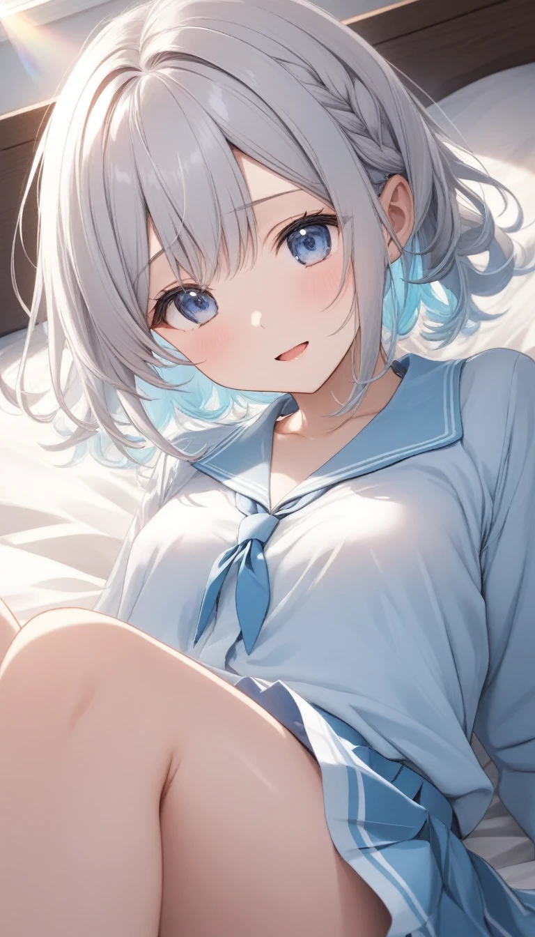 mid-shot, Look at viewers, hands behind back, girl with, 20 years old, Very short hair, long bangs between eyes, hair over shoulder, Grey Hair, Floating hair, ^ ^, pale blue eyes, Short dress, Hoodie, Skirt, Bare shoulder, White clothes, , Extremely detailed,(​masterpiece、top-quality)、独奏、1womanl、White hair、the tips of the hair are blue、Blue eyes、A smile、White skin as clear as snow、Small breasts, Silver hair, Blue eyes, Beautiful eyes, Teen Girl, ???????, charmed, be smitten with audience, Hoodie, Hoodie with open front, Shoulder out,on the beds,inside in room,laying on back,open open mouth