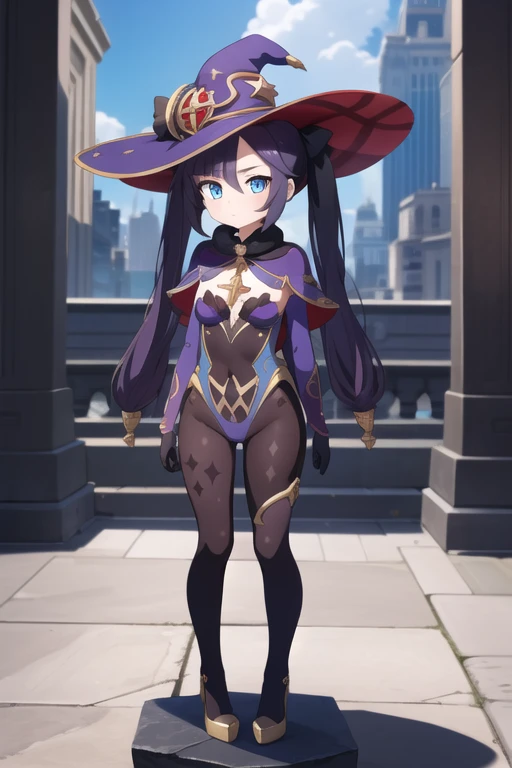 monamegistus, mona, blue eyes, hair between eyes, twintails, very long hair, purple hair, hat, (small breast:1.2), witch hat,
BREAK black bodysuit, black gloves, blue sleeves, bodysuit, capelet, covered navel, detached sleeves, gloves, high heels, leotard, long hair, long sleeves, multicolored sleeves, purple capelet, purple sleeves, strapless, strapless leotard,
BREAK outdoors, city,
BREAK looking at viewer,
BREAK (masterpiece:1.2), best quality, high resolution, unity 8k wallpaper, (illustration:0.8), (beautiful detailed eyes:1.6), extremely detailed face, perfect lighting, extremely detailed CG, (perfect hands, perfect anatomy),Statue , On pedestal , body covered in latex , (bondage) , hands in prayer position, , (standing on top of a pedestal) , ropes , harness , latex skin , full body art , full body , tall young girl