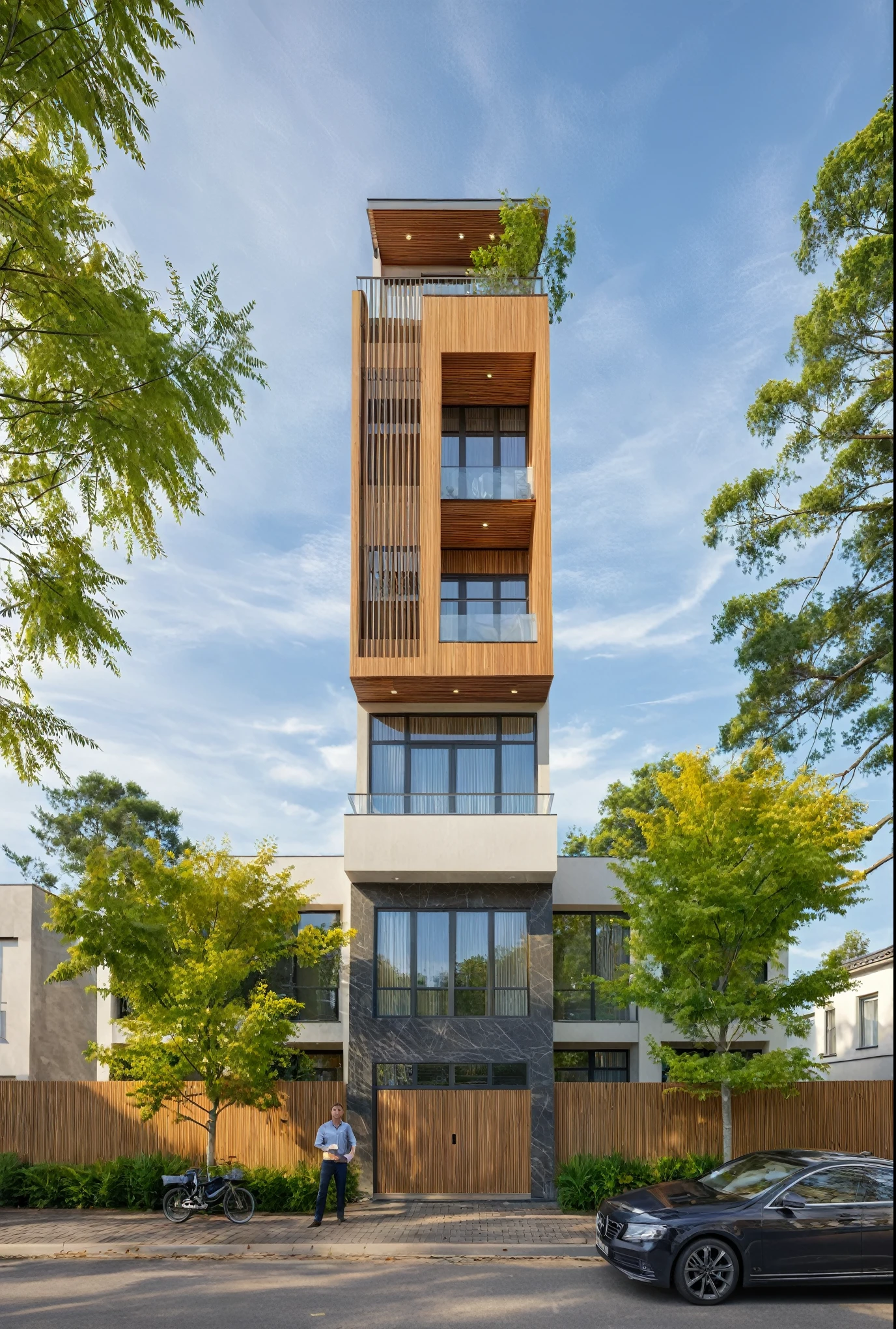 Photo brute,chef-d'artwork, high quality, best quality, authentique, Great detail,
Outside, en plein air, style de maison moderne dans la rue, glass windows, grille, plafond en bois,
route,pavement, des arbres, ciel, nuage, (day light:1.1)