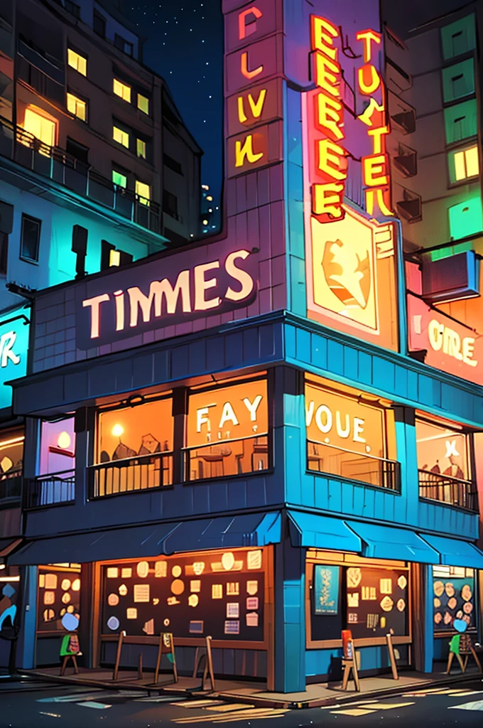 Night view of Funny Times storefront in the most remote corner of town.  The store is made of wood and decorated with bright colors and colorful lights.  There is a large sign above the entrance that reads "Funny Times Store" in bright letters. Far view.