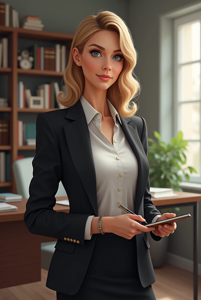 redraw the photo of the Araffed woman, replace the clothes of a woman in business clothes - a gray jacket and a white shirt, replace the background with in the work office at the table in front of her there is a MacBook open, in the background there is a bookcase with business literature, very accurate photo, against the backdrop of sunset in the forest. blonde with flowing hair. beautiful natural makeup, the photo is suitable for an avatar on a social network to attract customers, evokes positive emotions, Trust