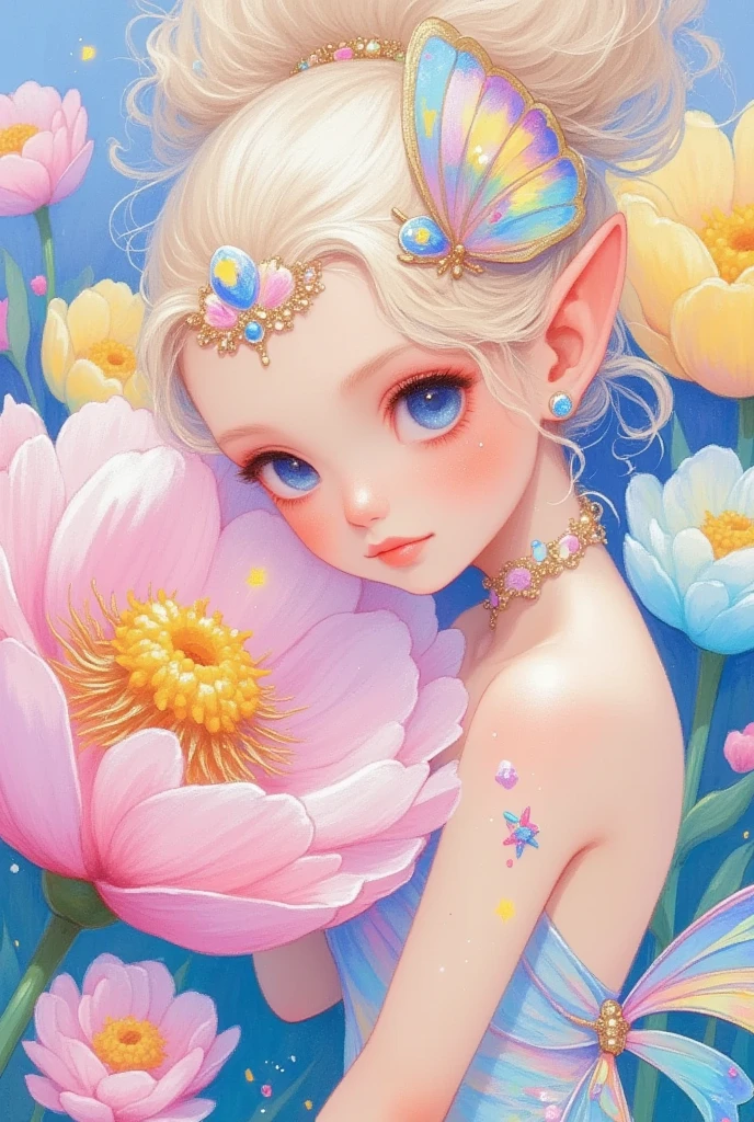 Pastel Art，Color Sketch，A painting：，Close-up of a beautiful butterfly elf living in peonies， big eyes，crown