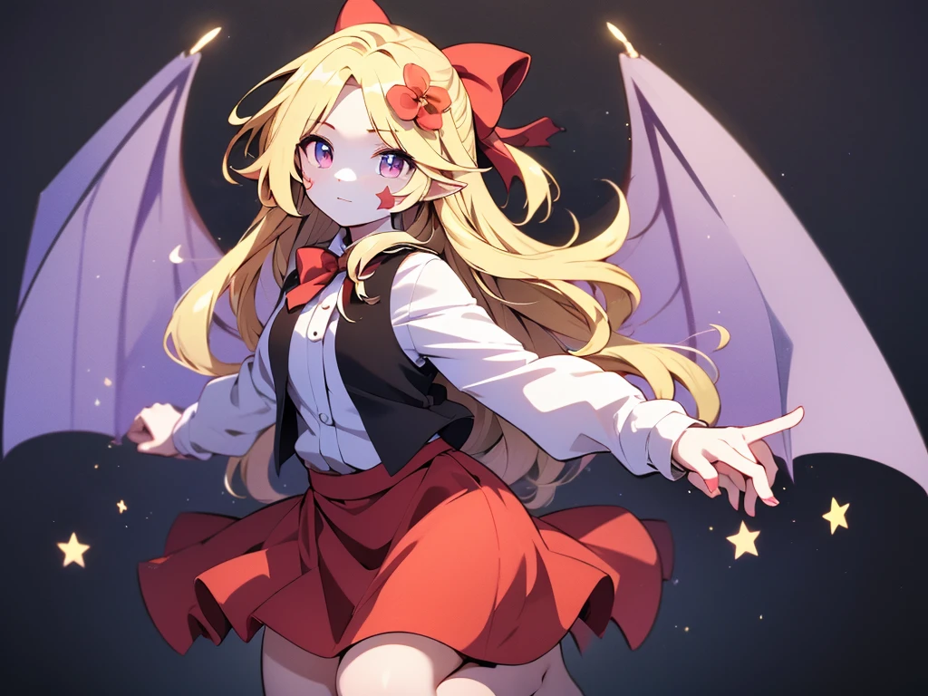 an animated drawing of a female with wings, clean line drawings, ultra cute girl, ultra cute face, ultra detailed eyes, ultra detailed hair, ultra cute, ultra beautiful, ((high end)), (UHD picture), (best quality,4k,8k,highres,masterpiece:1.2), top-quality(​masterpiece), top-quality, ultra-detailed, highly detailed texture, intricate details, high quality textures, masterpiece, best quality, perfect quality, perfect anatomy, perfect body, perfect symmetrical face, perfect hands, perfect feet, (two arms:1.2), (two legs:1.2), (five fingers each:1.2), (perfect joint:1.2), perfect joint movement, precise fingers and hands, 1 beautiful girl, 1 girl, alone, solo, , , ((())), ((ish)), (Best Quality, hight resolution), extremely detailed and lifelike, Vibrant colors, simple background, very long hair, forehead visible bangs, hair flaps, hair ribbon, hair ornament, hair flower, blonde hair, well-formed face, blonde eyes, facial mark, Star-shaped marking on left cheek, devil girl, bat wings, open vest, red vest, red collar, white blouse, long sleeves, long red skirt