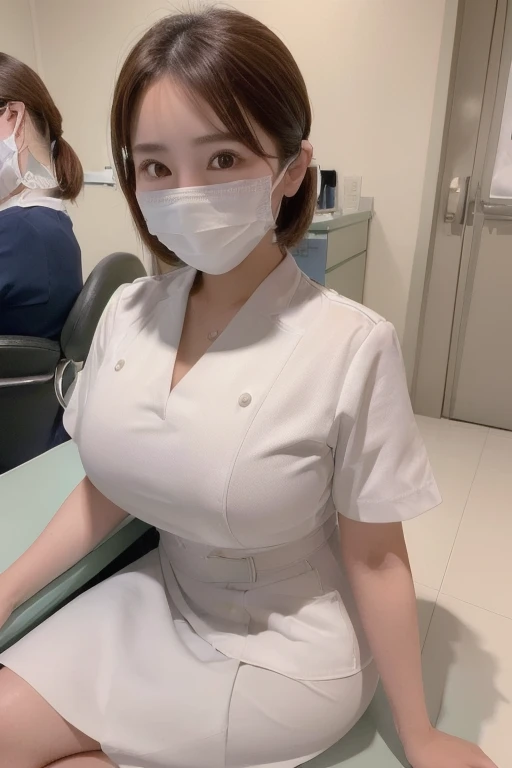 ((highest quality, 8k, masterpiece, Portraiture: 1.3)), (Watching the audience), (Full Shot:0.85),((mask)), 3 person, A little chubby:0.35,Brown Medium hair,white nurse uniform, micro Skirt,((big breasts 2.3)) (big pelvis:0.8), (in dentist), smile:0.2,in office,Good posture,20years old,

