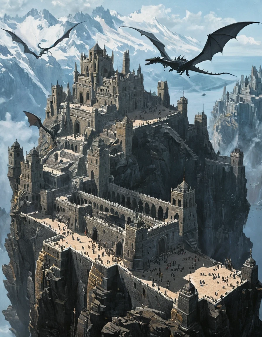 A dragon flying towards a fortress built inside giant whale skulls at the top of a mountain 