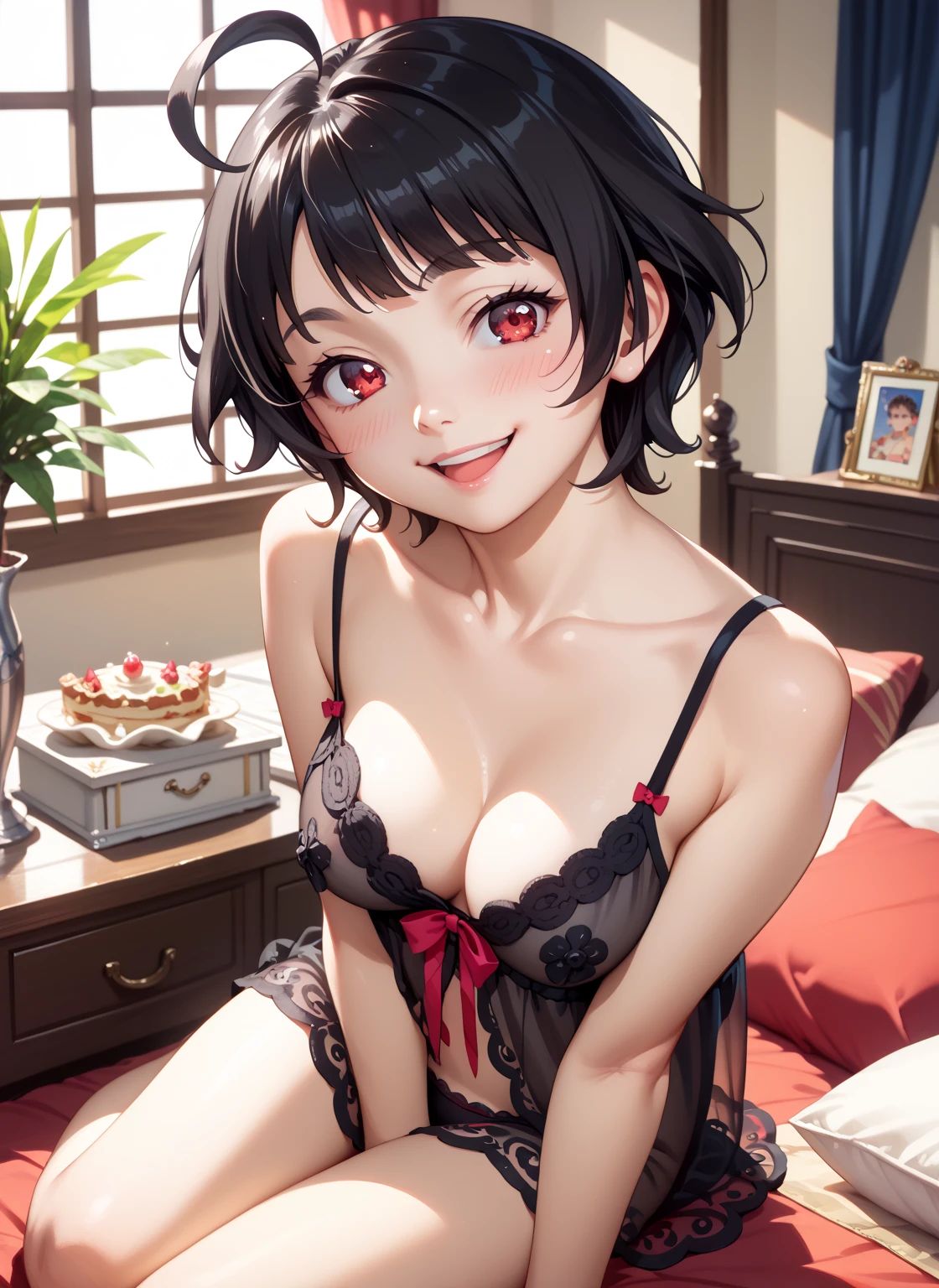 looking at viewer,  masterpiece ,  Best quality , la mejor calidad A young girl ( cuerpo completo, atractiva y delgada, nightgown, breasts,  short hair,  black hair , Ahoge , blush, red eyes, happy,  satisfied smile , look,)  dressed in a black bikini posing seductively, en una posina privada de un hotel elegante durante la noche