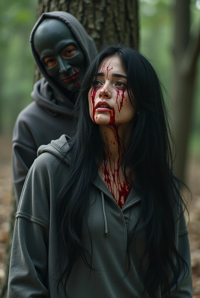 a Malay man Criminal cutting a malay woman death body Head with smiling. background of tropical forest. cinematic shot. horror film still. asian horror movie. evil, eerie, gore film 