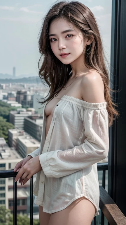 ((1girl)), in naked kimono, instant camera flash, pose at balcony with Tokyo city as a background, makeup with glossy lip, small breasts, (girl in balcony:1.4), various angle, ((faced focus)), 22 years old, Beautiful Japanese Girl, standing pose, (nsfw:1.4), realistic light, realistic skin tone, pussy slip, (topless kimono dress:1.4), ((bun japanese hair style))