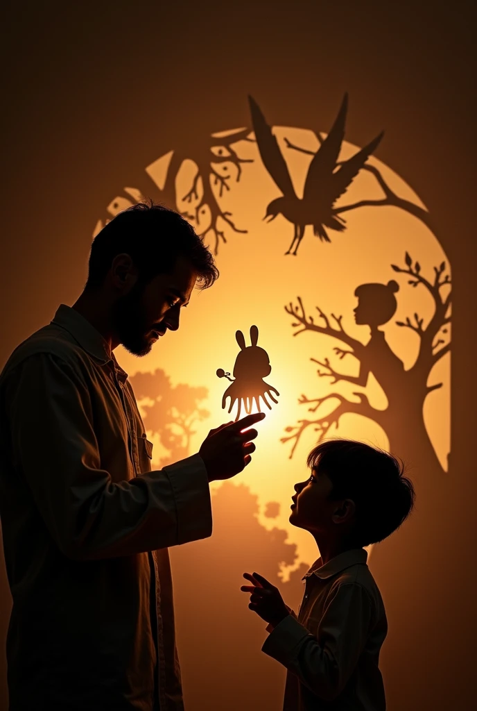 The boy's father taught the boy to make and perform shadow puppets