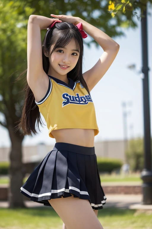 (In 8K, Super A High Resolution,  best quality, masterpiece:1.1),(:1.1)、In 8K、 Raw RAW Portrait of a Japanese Girl、 photorealistic、Super A High Resolution、top-quality、 High School Girls 、(Cheerleading Club、 cheerleader uniform、 flashshot showing armpits 、 toned body 、A mini skirt swaying in the wind、(  black hair long hair、dance、Lively dance、Beautiful adult face :1.2)、 cute smile with blush、Espadrilles、High School Lawn 