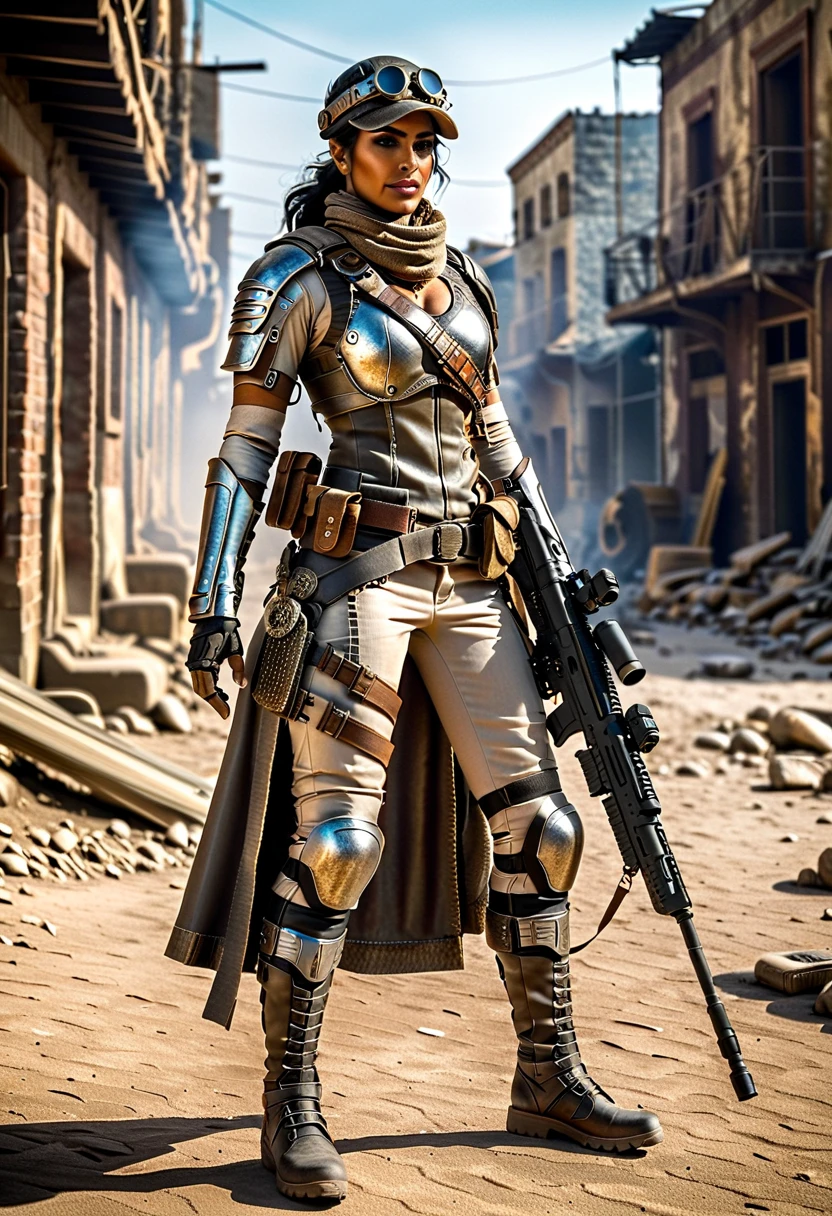 A full-body, highly detailed and photorealistic depiction of a Persian female post-apocalyptic warrior. She exudes confidence and resilience, wearing a scratched silver combat suit with intricate biomechanical details and a weathered leather jacket layered over her armor. Wearing a hat with crow feathers , apocalyptic soldier gear, with subtle tactical designs. The outfit includes gradient lighting effects reflecting off metallic surfaces, emphasizing the advanced technology of her attire. Her ensemble combines elegance and functionality, adorned with carefully detailed straps, holsters, and protective gear. She carries a futuristic weapon, a hybrid rifle with glowing accents. Her boots are reinforced with rugged detailing, suitable for traversing harsh terrains. The background shows a post-apocalyptic urban wasteland bathed in dramatic lighting, with dust and ruins framing the scene. The character is ready for action, her determined gaze capturing the spirit of survival. Perfect for a dynamic shooter game character.
