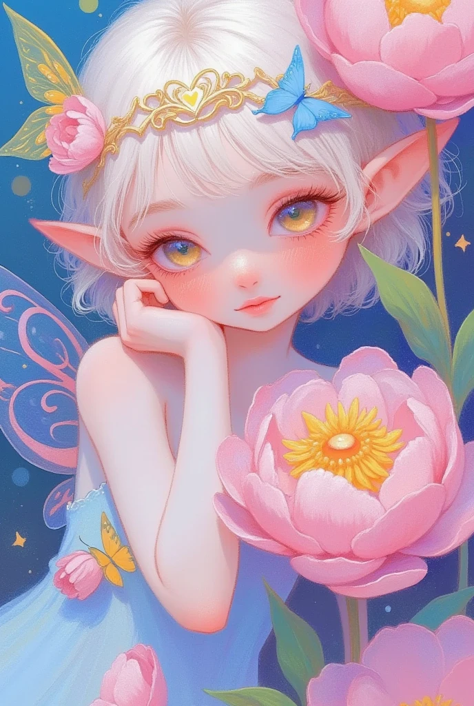 Pastel Art，Color Sketch，A painting：，Close-up of a beautiful butterfly elf living in peonies， big eyes， beautiful face，crown