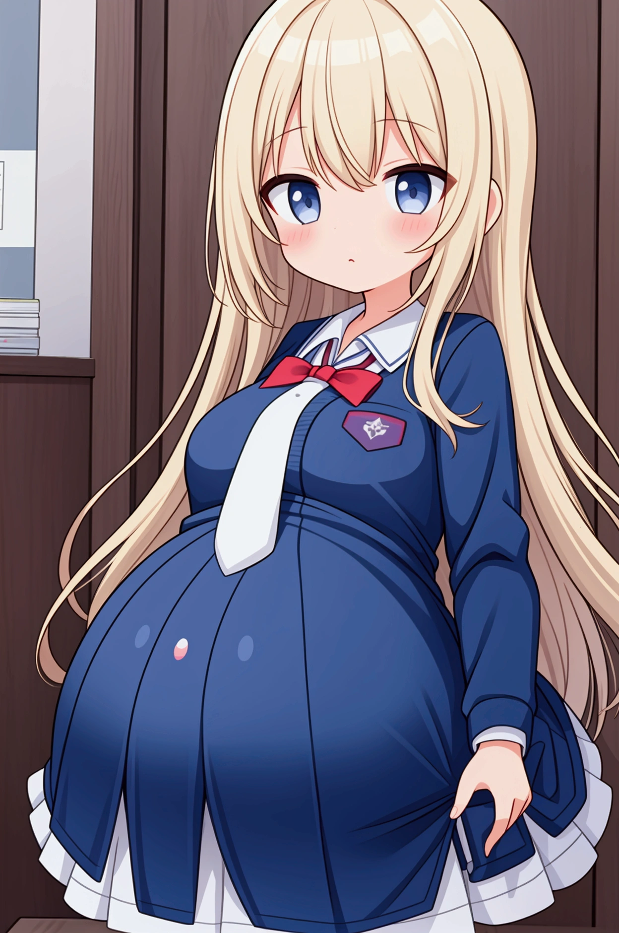 masterpiece,ultra detailed,sharp focus,smooth anime,high resolution,fringe hair,(blonde hair,tanned skin:1.5),curvy adult body,bow tie,school cardigan,huge breasts,baby face,pregnant,peace sign,double peace,(thick lips:1.3),(tareme:1.3),earring,(having sex on bed,vaginal penis),,(pubic hair),bedroom,(at morning,sunny day,morning sun light from window:1.2),cowgirl position,(blushed and grinning:1.4),pubic hair,(wetty pussy:1.3),(sweaty),(creampie,cum in pussy:1.2),open mouth,excessive cum in pussy,(look at viewer:1.2),thick thighs,curvy adult body,close up,
