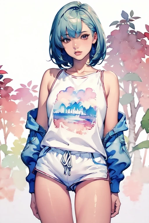 (masterpiece),( best quality:1.2),( very detailed:1.2),( high definition ),(((watercolor))),8k, Standing in front of a wall covered in hip hop graffiti, Cyberpunk neon cityscape,Pixie cut white hair, She is wearing a short neon tank top and an open hoodie, denim short pants, up shorts, Nice ass, (flat chest), nsfw,(((透明watercolor,color,Blur)))