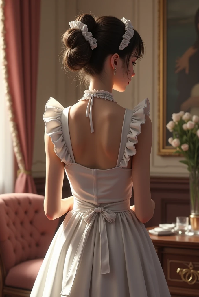 ((highest quality)),(ultra high resolution),(Super detailed),(detailed description),((best CG)),(best work of art),super precision art,amazing drawing art,(Art with precise details:1.5), (1 Lady:1.6),beautiful and well-shaped face:1.5,light makeup:1.6,(Backless dress with attention to detail:1.8),tied hair:1.6, old castle balcony:1.5,sunset sky:1.5, ((monochrome:1.9))