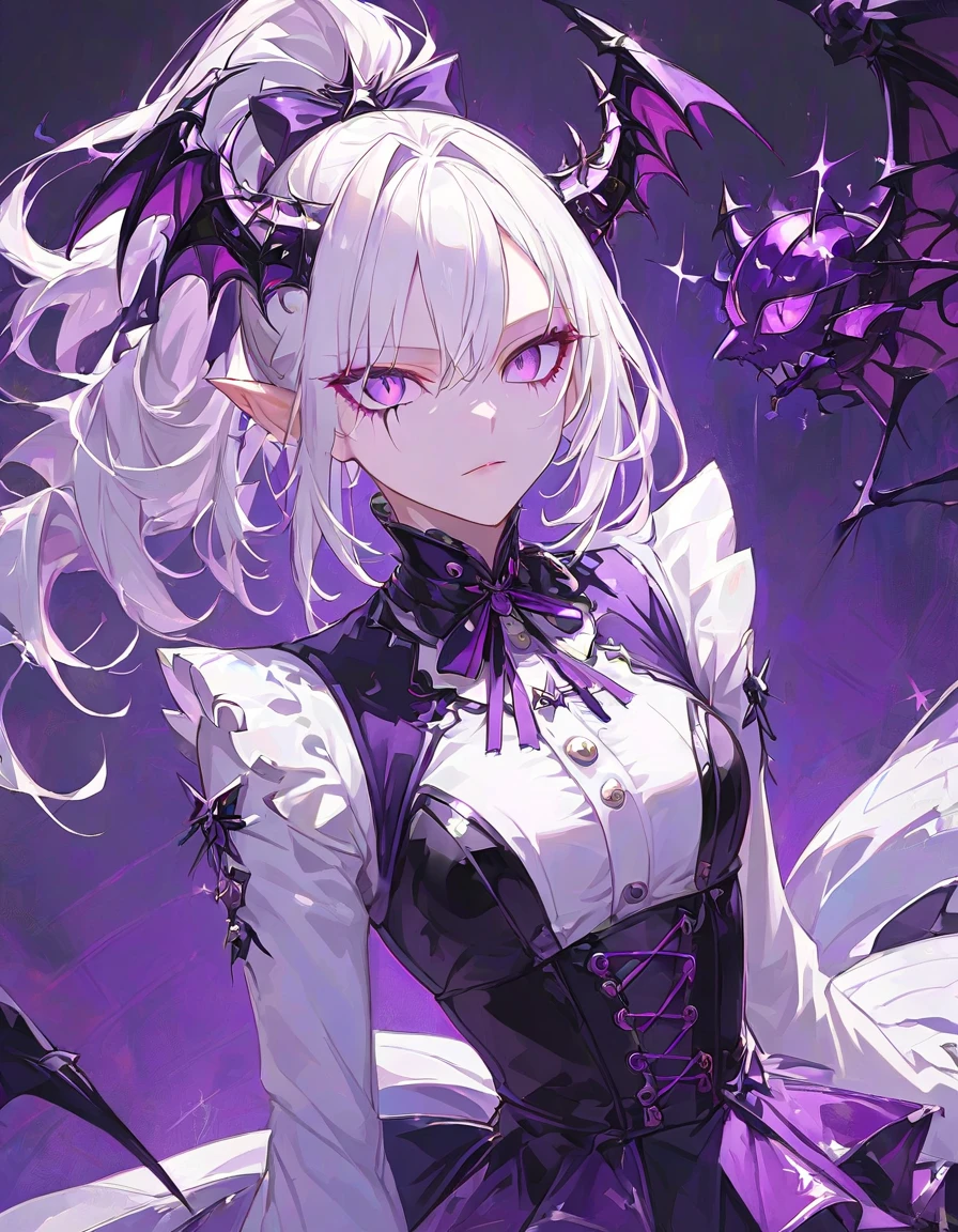 girl,White hair, Ponytail, in purple eyes,Pointed ears,Idol outfit, Medium Breasted,Star sparkle,Black Spider Demon , villains