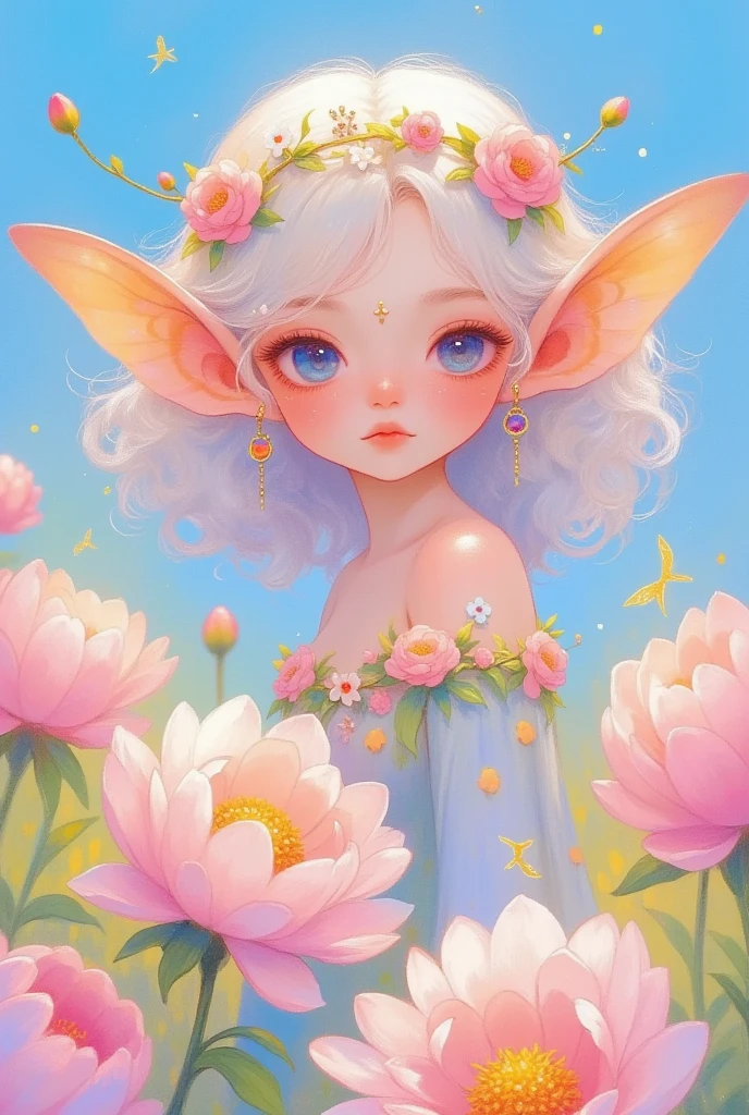 a beautiful butterfly elf in a field of peonies, big eyes, beautiful detailed face, delicate flower crown, pastel color palette, soft lighting, ethereal atmosphere, impressionistic style, intricate details, vibrant colors, digital painting, high quality, 8k