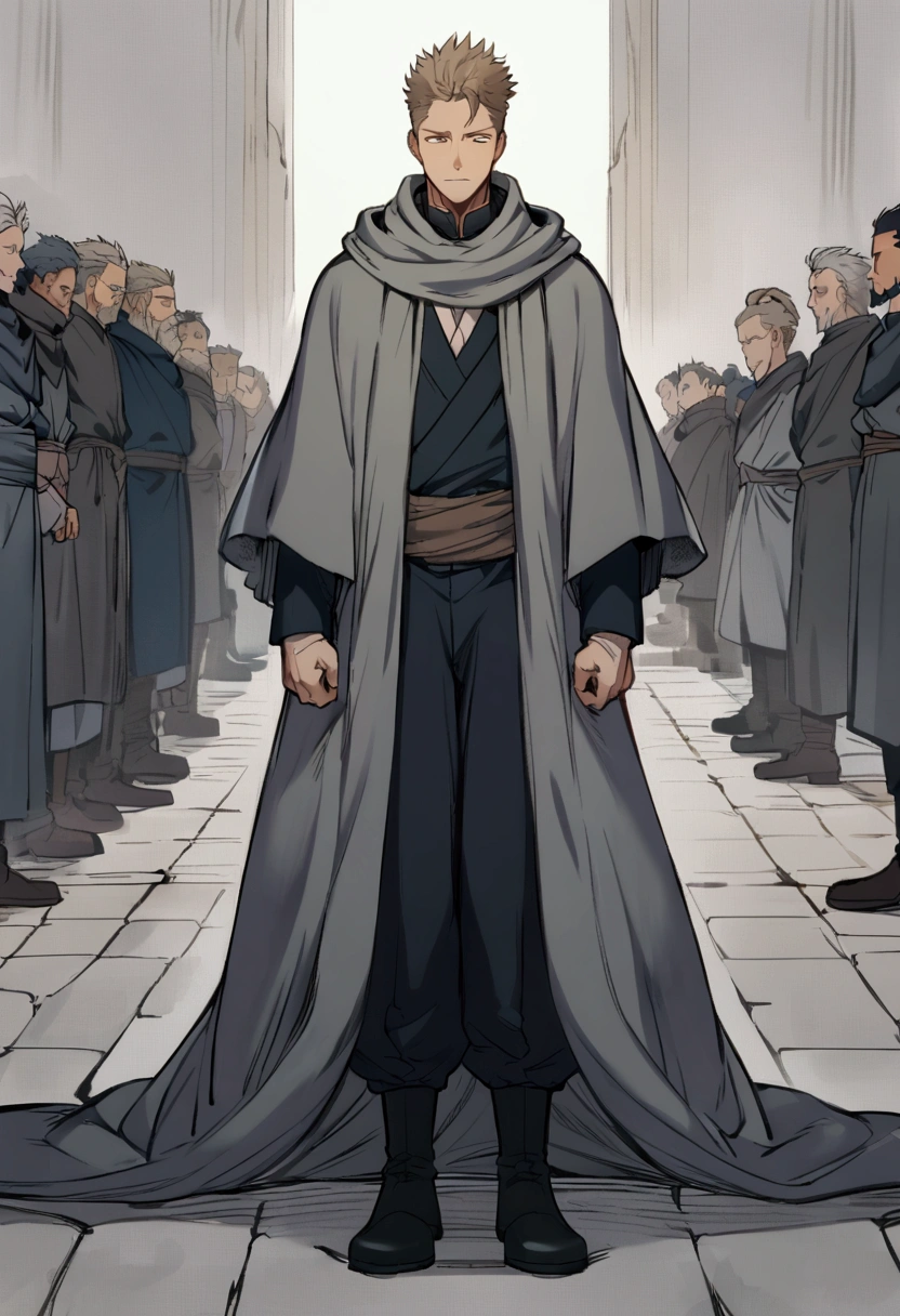  anime male character,Light brown hair,barba, light brown eyes, gray cloak, Calm face , black pants ,black boot