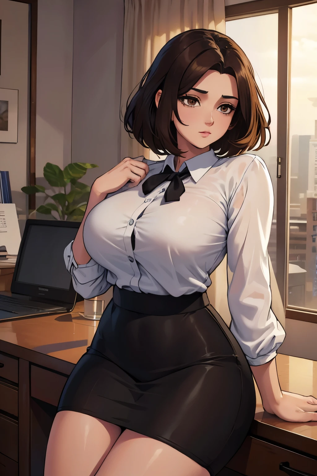 8k, masterpiece, hi-resolution, best quality, hi-res, Top Quality, High Quality, High Resolution, woman, dark brown hair, short hair, , anime, hourglass figure, big hips, large breasts, blouse, office skirt, nylons, woman, office, brown eyes, 80's Japanese idol hair, black nylons, older woman, knee length skirt, black pantythose, 80's woman hairstyle
