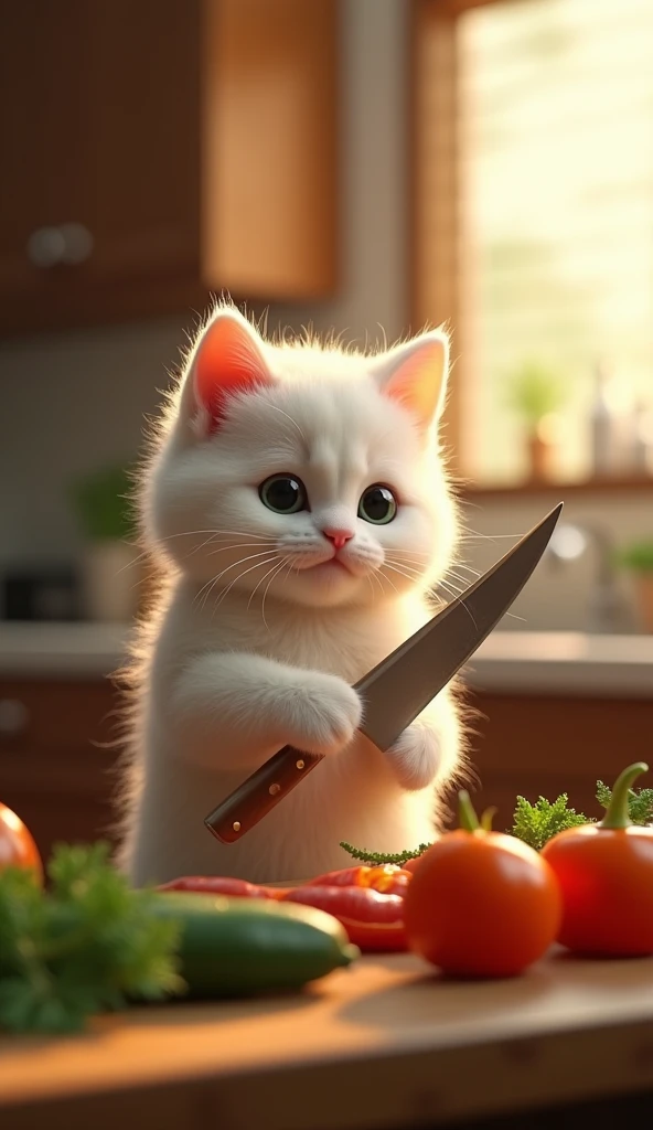 cute chubby fat siamese cat wear clothes, happy expression, cutting meat beef using knife, Use maximum realistic, As in the photo. In the background, draw a clear kitchen without blurring. ultra realistic, 3d render