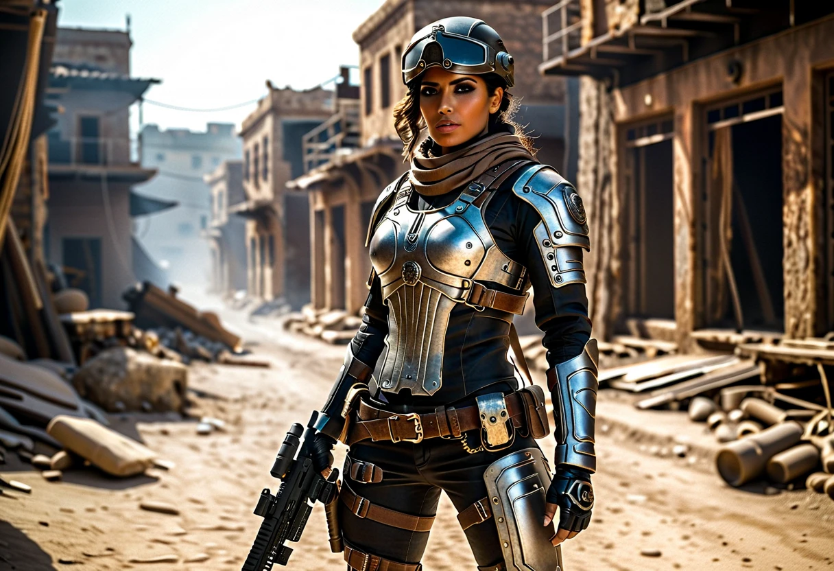 A full-body, highly detailed and photorealistic depiction of a Persian female post-apocalyptic warrior. She exudes confidence and resilience, wearing a scratched silver combat suit with intricate biomechanical details and a weathered leather jacket layered over her armor. Wearing a hat with crow feathers , apocalyptic soldier gear, with subtle tactical designs. The outfit includes gradient lighting effects reflecting off metallic surfaces, emphasizing the advanced technology of her attire. Her ensemble combines elegance and functionality, adorned with carefully detailed straps, holsters, and protective gear. She carries a futuristic weapon, a hybrid rifle with glowing accents. Her boots are reinforced with rugged detailing, suitable for traversing harsh terrains. The background shows a post-apocalyptic urban wasteland bathed in dramatic lighting, with dust and ruins framing the scene. The character is ready for action, her determined gaze capturing the spirit of survival. Perfect for a dynamic shooter game character.
