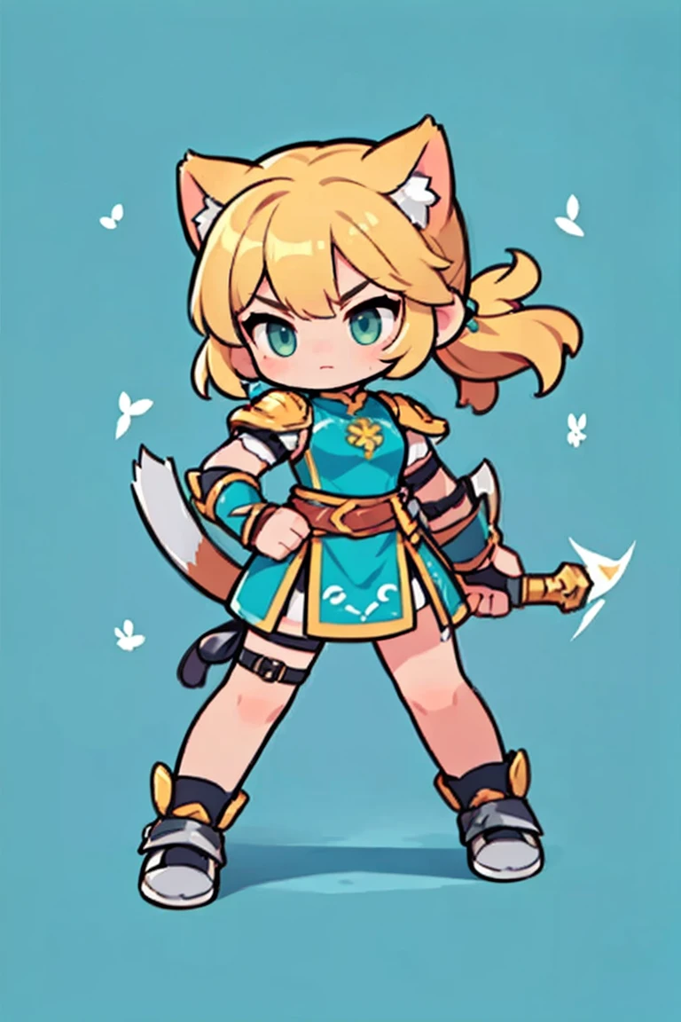  Cute Female Warrior Style  ,  European RPG Warriors  , blue and green iron armor, Natural background.  yellow hair ,  tied hair , cat ears, grey iron armor costume, Full Body Protection  , black eyes ,  Stylish Poses  ,  half side ,  dynamic battle pose, I'm carrying a combat axe. Landing position, The action of slamming an axe, 