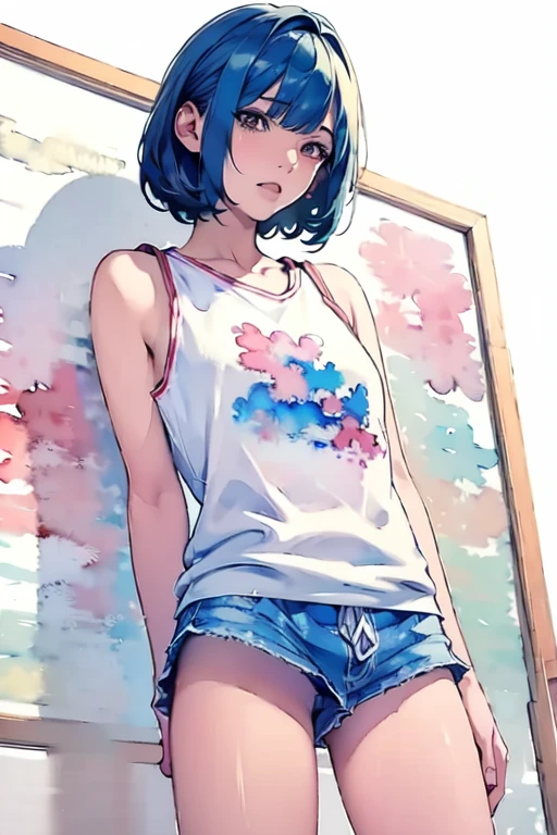 (masterpiece),( best quality:1.2),( very detailed:1.2),( high definition ),(((watercolor))),8k, Standing in front of a wall covered in hip hop graffiti, Cyberpunk neon cityscape,Pixie cut white hair, She is wearing a short neon tank top and an open hoodie, denim short pants, up shorts, Nice ass, (flat chest), nsfw,(((透明watercolor,color,Blur)))