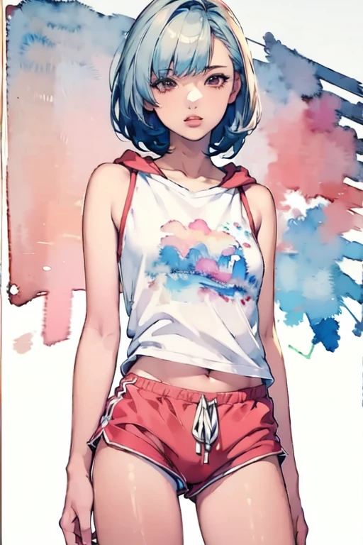 (masterpiece),( best quality:1.2),( very detailed:1.2),( high definition ),(((watercolor))),8k, Standing in front of a wall covered in hip hop graffiti, Cyberpunk neon cityscape,Pixie cut white hair, She is wearing a short neon tank top and an open hoodie, denim short pants, up shorts, Nice ass, (flat chest), nsfw,(((透明watercolor,color,Blur)))