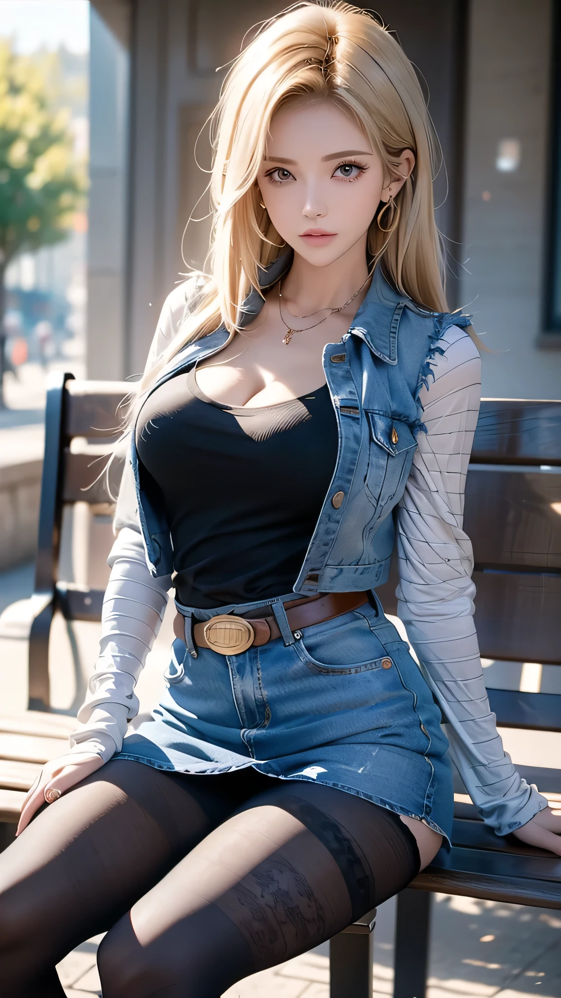 One girl,  Android 18, Blonde,  pretty and sexy girl, She wearing light blonde hair, Medium length shaggy cut hair, She have Very large breasts bouncing, Wearing a very short blue H-line denim skirt, Wearing a denim vest, The denim skirt and denim vest colors match, She Wear long sleeves, It has long sleeves with black stripes at regular intervals on a white background, She wears flesh-colored illusion pantyhose, The pantyhose she wears look like brown stockings, She wore pantyhose and wore white panties over them, wearing a women's Western cowboy-belt, wearing women's Western cowboy-boots, wearing a black t-shirt that exposes deep cleavage, No bra, breast areolas outside a black T-shirt, clearly exposed, She is sitting on the bench, She holds the lower part of her right thigh with one hand, Raises her right thihh, She puts her raised leg on the side of the bench, Her legs are spread, So the denim skirt is pushed up her thigh, The shiny white panties above the pantyhose she is wearing are visible thanks to the raised denim mini skirt and her right thigh, Her panties are slightly visible, She gives me a tempting look, Full of anticipation, She winks with her left eye, boldly and fascinatingly winks her left eye and stares at me intently, bench, outdoor park, four trees around, clear sky, masterpiece