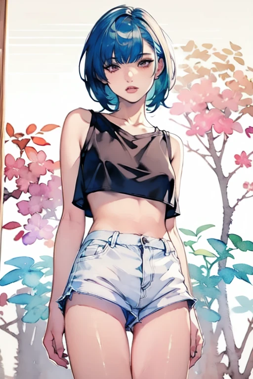 (masterpiece),( best quality:1.2),( very detailed:1.2),( high definition ),(((watercolor))),8k, Standing in front of a wall covered in hip hop graffiti, Cyberpunk neon cityscape,Pixie cut white hair, She is wearing a short cropped neon tank top and an open hoodie, denim short pants, up shorts, Nice ass, (flat chest), nsfw,(((透明watercolor,color,Blur)))