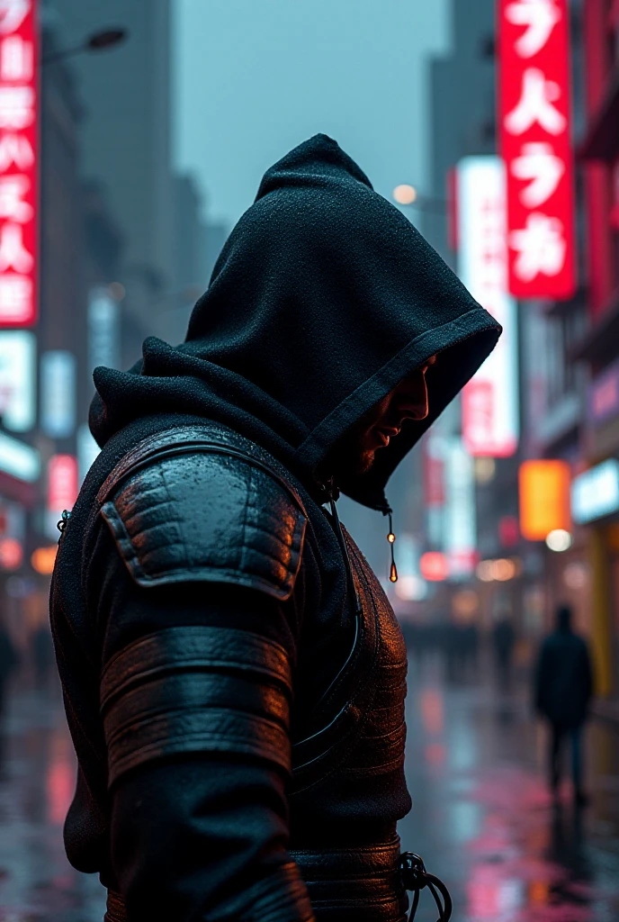 A captivating cyberpunk ronin stands poised on a rain-drenched street corner, his hood obscuring his face as neon signs glow around him. The sharp edges of his traditional armor blend seamlessly with high-tech upgrades. Raindrops catch the light, creating a shimmering effect, while the blurred silhouettes of futuristic buildings hint at a bustling cityscape without detracting from his solitary figure’s intensity and purpose.