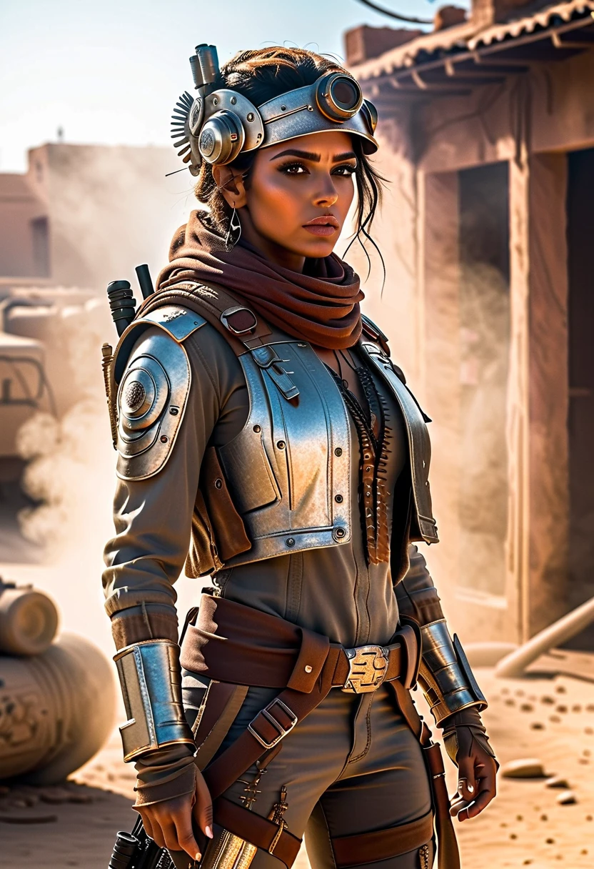 A full-body turned around view, highly detailed and photorealistic depiction of a Persian female post-apocalyptic warrior. She exudes confidence and resilience, wearing a scratched silver combat suit with intricate biomechanical details and a weathered leather jacket layered over her armor. Wearing a hat with crow feathers , apocalyptic soldier gear, with subtle tactical designs. The outfit includes gradient lighting effects reflecting off metallic surfaces, emphasizing the advanced technology of her attire. Her ensemble combines elegance and functionality, adorned with carefully detailed straps, holsters, and protective gear. She carries a futuristic weapon, a hybrid rifle with glowing accents. Her boots are reinforced with rugged detailing, suitable for traversing harsh terrains. The background shows a post-apocalyptic urban wasteland bathed in dramatic lighting, with dust and ruins framing the scene. The character is ready for action, her determined gaze capturing the spirit of survival. Perfect for a dynamic shooter game character.
