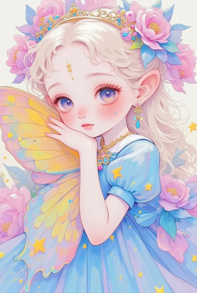 a beautiful butterfly fairy living in a peony, detailed portrait, delicate pastel art, colorful sketch, gorgeous face, large eyes, crown