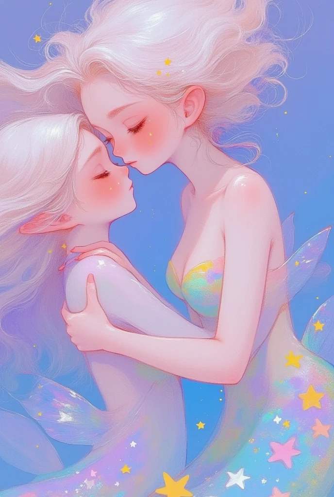 dreamy and blurry rococo oil, close-up shot of two silver hair mermaids kissing in swirl under water, one demising in the other's arm, devotedly and sadly, tear in the eye, extreme fluidity, anti-gravity, transparent iridescent, light violet shader, subtle paleness, blurry soft and dreamy atmosphere, in the style of kawacy, light-infused paintings, yanjun cheng, loose and fluid, ross tran, subtle tonal variation, ethereal, shiny glossy, light white, romanticised nostalgia, minimalist, natural volumetric, depth of field, dreamy, Postproduction, oil - painting filter, volumetric, 8k, Super detailed