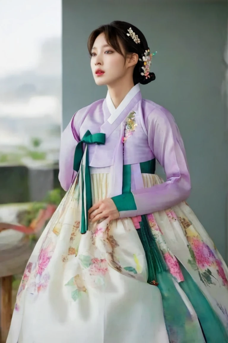 A Korean man in women's hanbok, hi is crossdresser, silk, breasts like a woman, slender female body, floral pattern