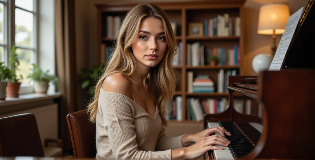 Nexia is sitting at the piano, in a cozy room, full of books and warm light, Her fingers caress the keys without pressing. She has long hair slightly wavy, brown with blond streaks, hazel eyes. Her eyes look at the piano keys, she wears an oversized off-shoulders sweater.
((anti:1.5))