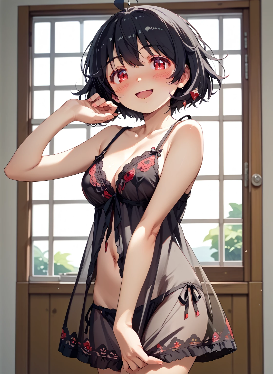 looking at viewer,  masterpiece ,  Best quality , la mejor calidad, A chica de 18 años ( cuerpo completo, atractiva y delgada, nightgown, breasts,  short hair,  black hair , Ahoge , blush, red eyes, happy,  satisfied smile , look,)  dressed in a black bikini posing seductively, en una posina privada de un hotel elegante durante la noche