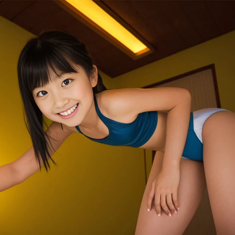 Little girl on top，Looking down，from below，White light panties，Flat sandals，sitting on the classroom desk，Crotch view，Mocking expressions，Smiling，White light bandeau，Large angle upward view，Sky background or ceiling background