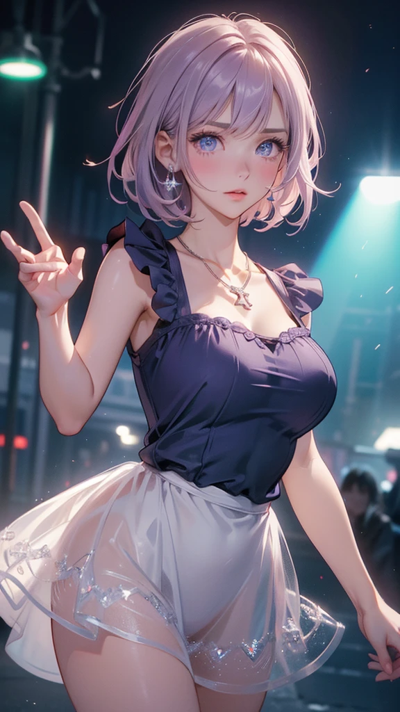 One girl,masterpiece,Highest quality,Blonde,stockings,Checked skirt),Short skirt JK,,Are standing,In total length,Medium chest,Very detailed,[[Realistic]],Beautiful and attractive anime ,Enchanting anime girl,Swinging skirt,blue eyes, hair ornaments, Hair Ribbon,Show your forehead、Twin tails、Random color school girl uniform、Lace choker, short hair,,No bra,,Very detailed肌, Realistic texture、Very detailed顔, (Beautiful Fine Eyes, ,The girl has a toned figure., Intricate details,Closely、Embarrassed expression、blush、Shining Sweat、Perfect Skin,Sweat is noticeable in the cleavage、Sweating on thighs is noticeable、 Fair skin,Tight waist, Sweating profusely、Sweaty hair、Sweaty clothes、Sweaty、Visible sweat、Sweat-soaked hair、Athlete System、Cherry blossoms fluttering down、Silver Hair、Night cityscape。Reflection of light、moonlight、No sleeve