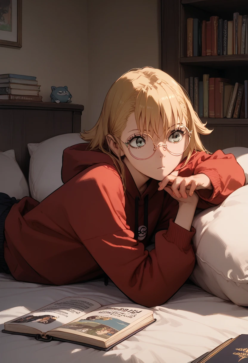 (masterpiece) (ultra_detailed) (best quality) shinomiya kikoru, 1girl, slim, fit, anime look, anime style, wearing hoodie, on bed, reading book, in a room, with bookselfs, wearing round glasses, poke 